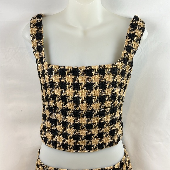 House of Harlow 1960 Tweed Crop Top & Skirt Houndstooth Set Tan/Black Size M NEW - Picture 3 of 16